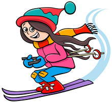 Happy Girl Character On Ski Cartoon Illustration