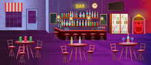 Interior Of Bar With Lamps, Tables With Chairs, Shelves With Alcohol Bottles, Tv,  Fridges And Jukebox. Vector Cartoon Illustration