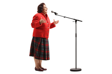 Poster - Elderly woman singing on a microphone and gesturing with hands