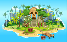 Cartoon Tropical Island With Skull Mountain Cave With Stairs, Palm Trees. Mountains, Blue Ocean, Flowers And Vines. Vector Illustration.