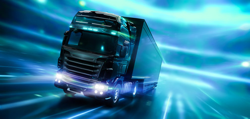 Modern high speed truck with trailer in motion with technology lights background (3D Illustration)