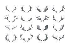 Antler Big Set Of Vector Icons . Hand Drawn Silhouettes Of Hunting Trophies Illustration .