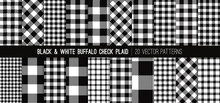 Black And White Buffalo Check Plaid Vector Patterns. Rustic Christmas Backgrounds. Pack Of 20 Flannel Shirt Fabric Textures Of Different Styles. Repeating Pattern Tile Swatches Included.