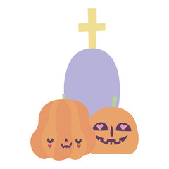 Sticker - happy halloween celebration pumpkins gravestone with cross