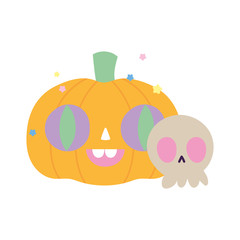 Sticker - happy halloween celebration scary skull and pumpkin cartoon