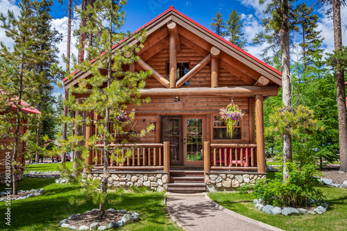 frontal image of a beautiful new modern log cabin. Poster Mural XXL
