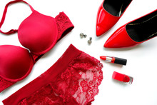 Modern Stylish Fashion Accessories Women's Luxury Dresses Red Bra And Red High Heels Beautiful Woman's Dress
