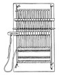 Complete pin loom, the pins holding the thread to the loom and the top and bottom, vintage engraving.