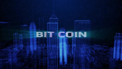 Poster - HUD Futuristic Bit Coin Digital City Town Element Analysis 4K Technology Motion Background. Wireframe Virtual Reality Structure Building  Screen Interface Sci fi 3D Rendering.
