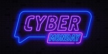 Cyber Monday concept banner in fashionable neon style, luminous signboard, nightly advertising advertisement of sales rebates of cyber Monday. Vector illustration for your projects.