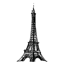The Eiffel Tower Silhouette. Famouse Architecture Building In Paris, France. Hand Drawn Architecture Sketch. Line Art On White Background.