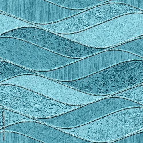 Tapeta ścienna na wymiar Carving waves pattern on background seamless texture, patchwork pattern, turquoise color, plaster texture, 3d illustration