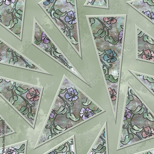 Naklejka - mata magnetyczna na lodówkę Triangle and flowers pattern on carved grunge background seamless texture, 3d illustration