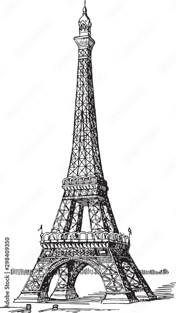 Eiffel Tower, first and second levels,  vintage engraving. - obrazy, fototapety, plakaty 