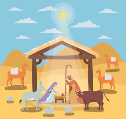 Wall Mural - cute holy family in stable with animals manger characters