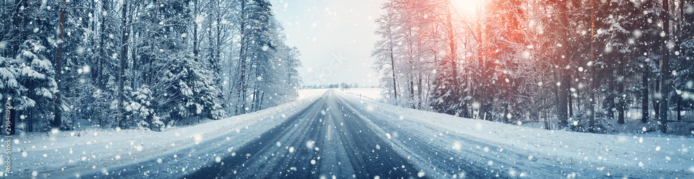 winter road, covered with snow on sunny day - obrazy, fototapety, plakaty 