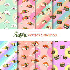 Wall Mural - japanese seafood sushi pattern background wallpaper seamless poster set vector graphic design