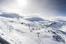 Ski Resort Of Sierra Nevada In Winter, Full Of Snow.