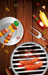 Canvas Print - grill menu with oven and icons in wooden background vector illustration design