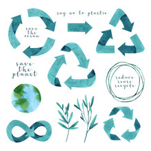 Watercolor Set With Blue Recycling Signs, Planet Earth And Sprig With Leaves, Isolated On White Background. Hand Drawn Reuse Symbol For Ecological Design. Zero Waste Lifestyle. 
