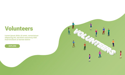 volunteers people concept isometric for website template or landing homepage banner - vector