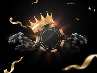 Sticker - 3D illustration of Casino chips with award crown on black rays background decorated with golden confetti ribbon.