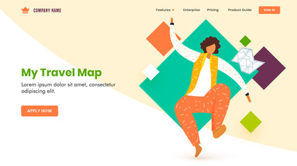 Wall Mural - Web banner or landing page design with faceless man character in jumping pose, travel map and abstract element on background.