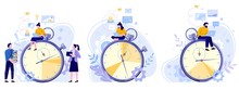 Work Rate Time Management. Working Hours Timer, Productivity Timekeeper And Team People Working On Laptop Flat Vector Illustration Set. Firm Employees Cartoon Characters Sitting On Stopwatch