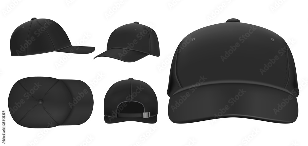 Black cap mockup. Sport baseball caps template, summer hat with visor and uniform hats different views realistic 3D vector set. Headwear illustrations collection. Cap front, top, side, back view - obrazy, fototapety, plakaty 
