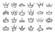 © WinWin - Doodle crowns. Line art king or queen crown sketch, fellow crowned heads tiara, beautiful diadem and luxurious decals vector illustration set. Royal head accessories linear collection