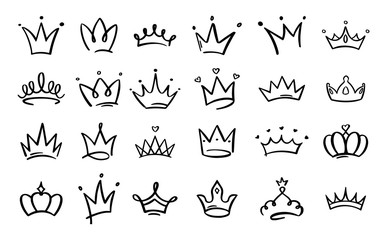 Doodle crowns. Line art king or queen crown sketch, fellow crowned heads tiara, beautiful diadem and luxurious decals vector illustration set. Royal head accessories linear collection