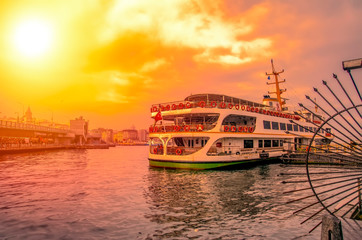 Wall Mural - Beautiful View touristic landmarks from sea voyage on Bosphorus. turkish steamboats, view on Golden Horn.