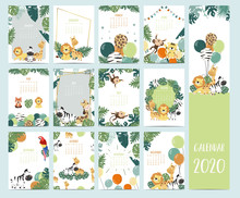 Doodle Safari Animal Calendar 2020 Set With Giraffe,parrot,lion,monkey For Children.Can Be Used For Printable Graphic.Editable Element