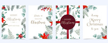 Collection Of Christmas Background Set With Holly Leaves,flower,ribbon.Editable Vector Illustration For New Year Invitation,postcard And Website Banner
