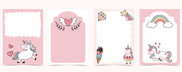 Wall Mural - Pink animal collection of unicorn empty frame set with rainbow,diamond.Vector illustration for birthday invitation,postcard,logo and sticker.Editable element