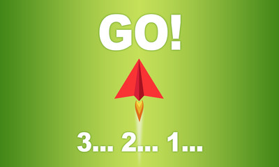 Red miniature plane with coundown 3, 2, 1 and go on green background