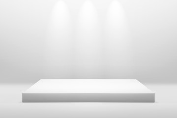 White podium stand for showing or presentation concept on modern room background with illuminate light. Empty counter shelf and product backdrops.