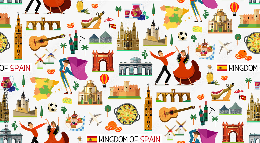 Spain Travel Icons. Spain Travel Map. Vector. - obrazy, fototapety, plakaty 
