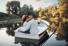 Happy Love Couple Boating On Lake, Romantic Date