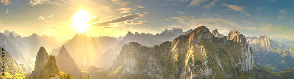 Autumn mountains at sunrise in Switzerland - obrazy, fototapety, plakaty 