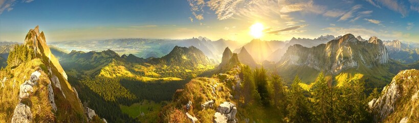 great panoramic view of morning mountains in switzerland with lake zürich and many tops in autumn