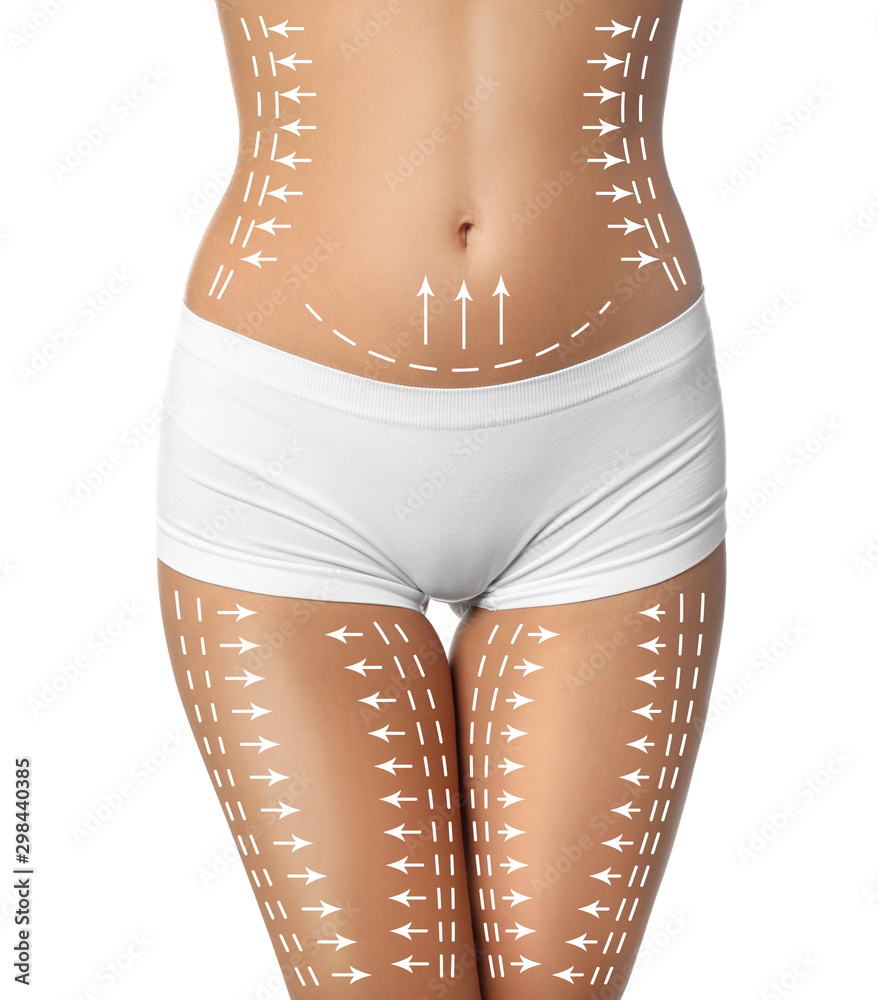Young woman with slim body isolated on white, closeup. Plastic surgery concept - obrazy, fototapety, plakaty 