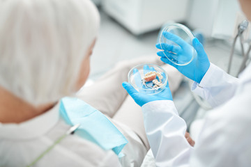 Wall Mural - Doctor showing dental dentures to the patient