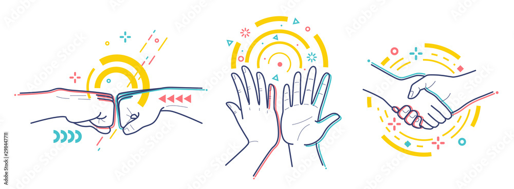 Gestures expressing successful activity. Isolated on white background. Flat / line style with colorful small geometric particles and dots. Set elements. - obrazy, fototapety, plakaty 