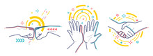 Gestures Expressing Successful Activity. Isolated On White Background. Flat / Line Style With Colorful Small Geometric Particles And Dots. Set Elements.