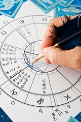 astrologer fortune teller with quill pen, horoscope, zodiac like astrology concept