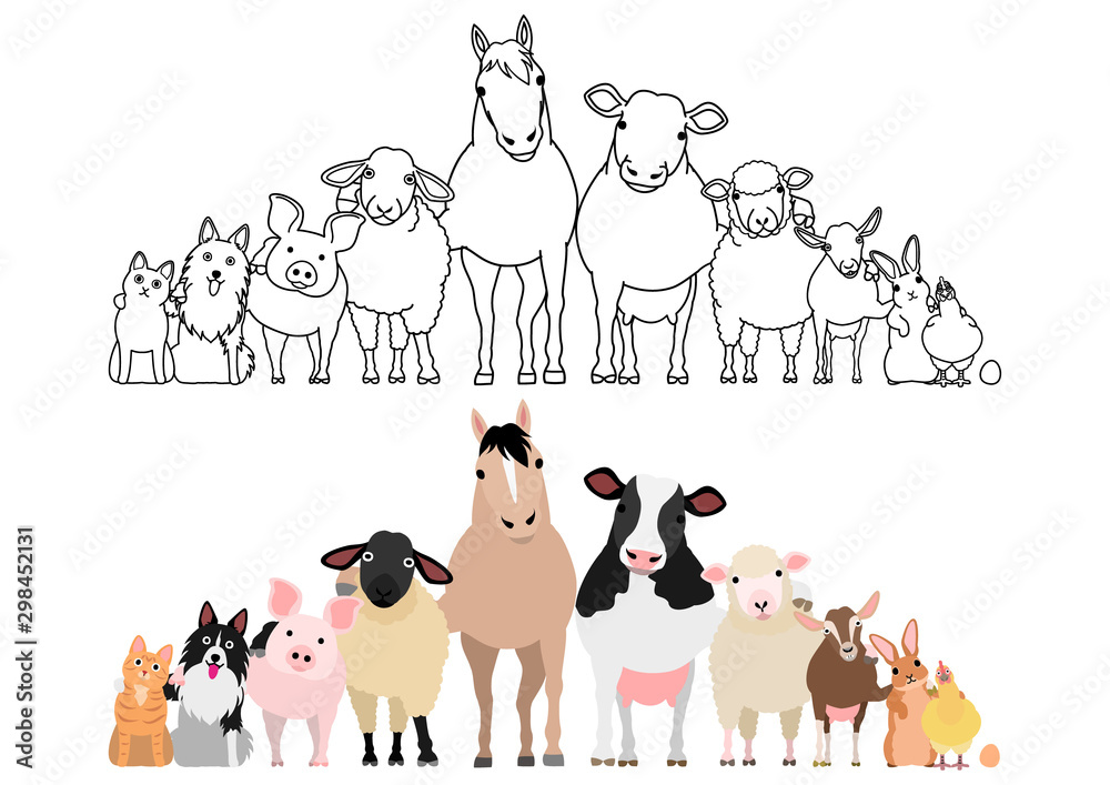 farm animals in a row, paws around shoulders each other - obrazy, fototapety, plakaty 