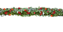 Christmas Decorative Background Border With Red Bauble Decorations And Holly Berries