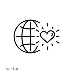 Wall Mural - heart with globe icon, community love on earth, charity or donation in the world, logo, thin line we