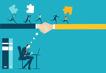 Wall Mural - Businessman working with laptop. Little people running on top of handshake hands, sealing the deal. Team helping to businessman to deliver the deal. 